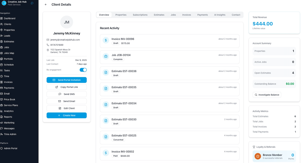 Client details page showing comprehensive customer information, job history, and contact details in organized layout