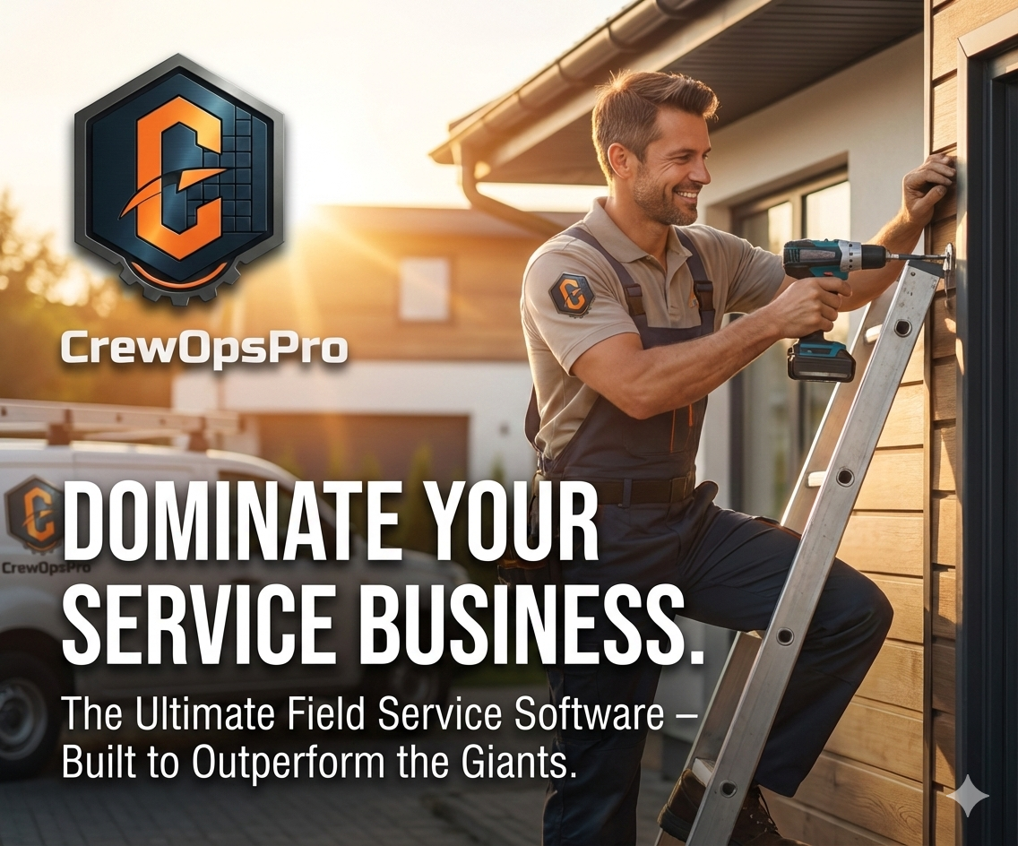 Crew Ops Pro dashboard showing job scheduling, team management, and mobile invoicing