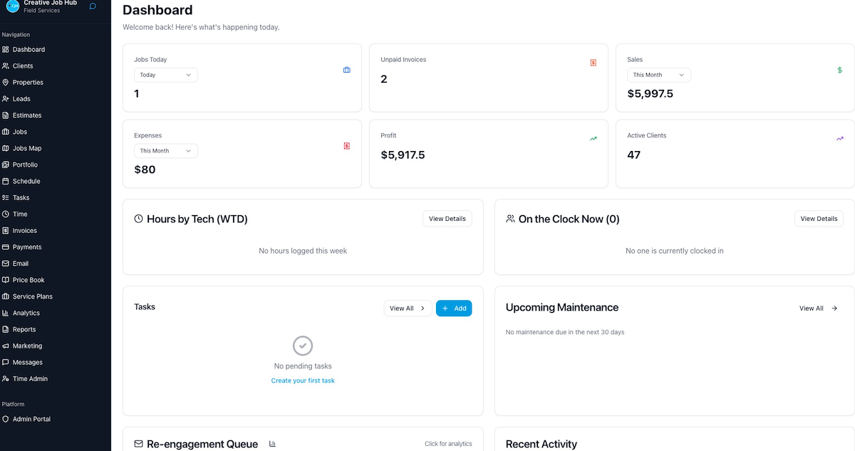 Crew Ops Pro dashboard showing clean layout with daily schedule, revenue metrics, and job overview