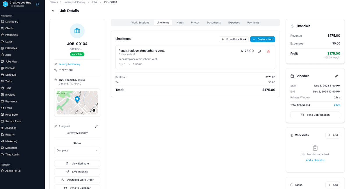 Job details page showing streamlined job information, scheduling, and status tracking
