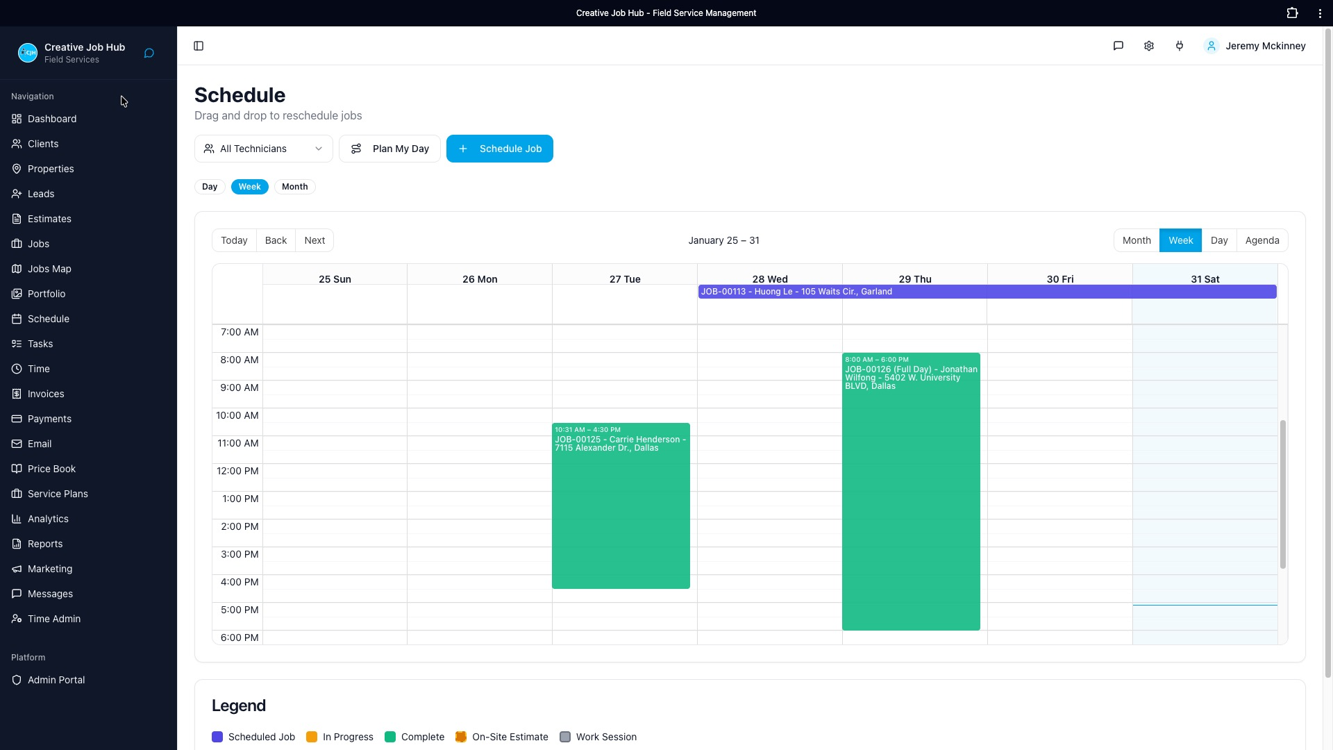 Crew Ops Pro scheduling calendar showing drag-and-drop interface, tech assignments, and job timeline
