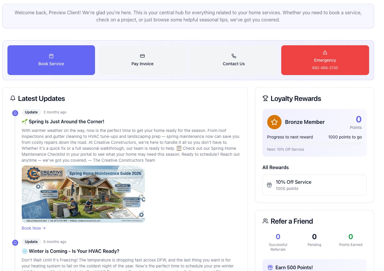 CrewOpsPro client portal with booking, payments, latest updates, and loyalty rewards
