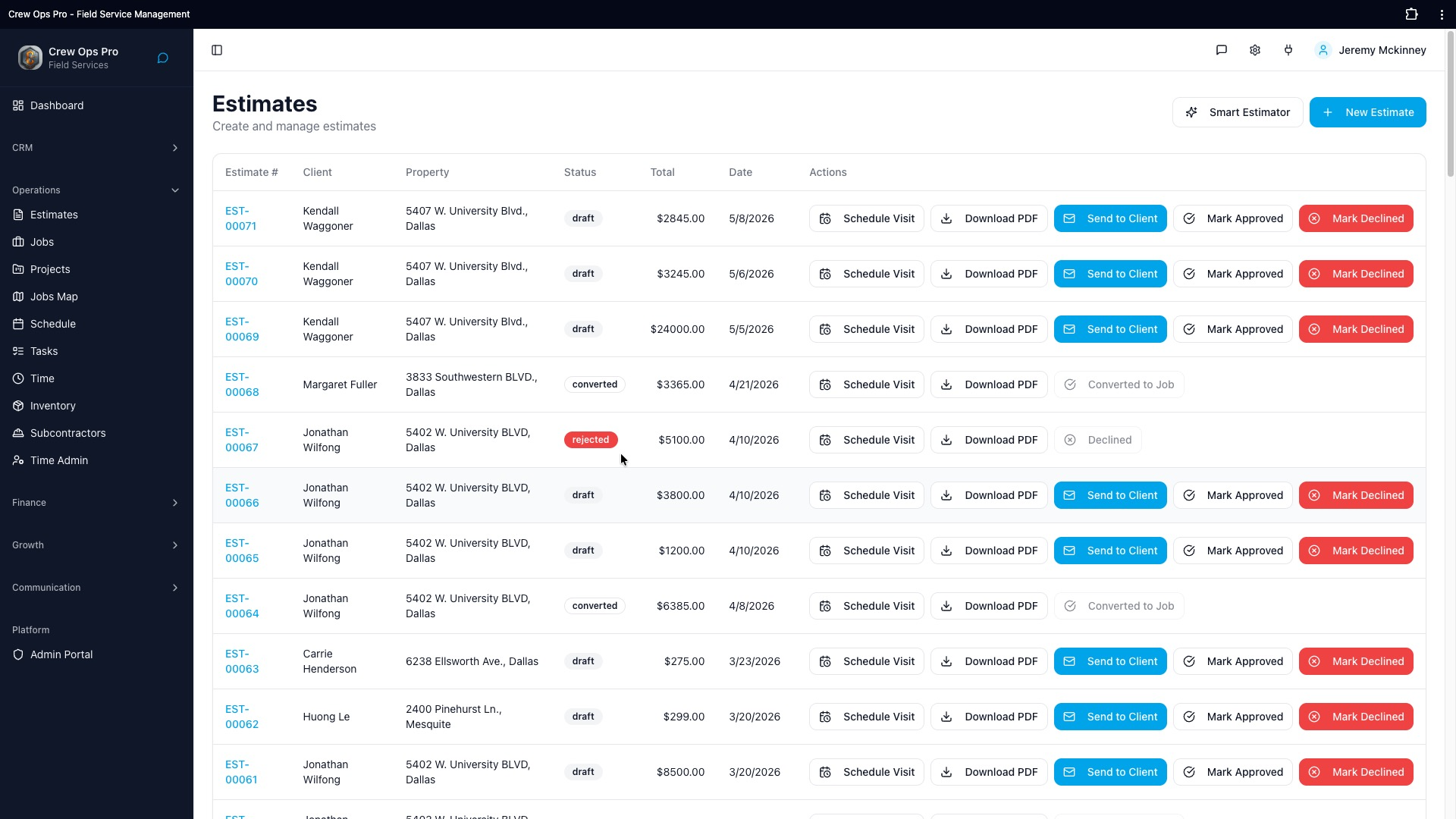 CrewOpsPro estimates list with statuses, totals, and one-click actions to send, approve, or convert to job