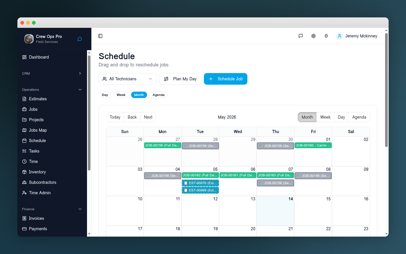 CrewOpsPro week scheduling calendar with color-coded jobs by team member